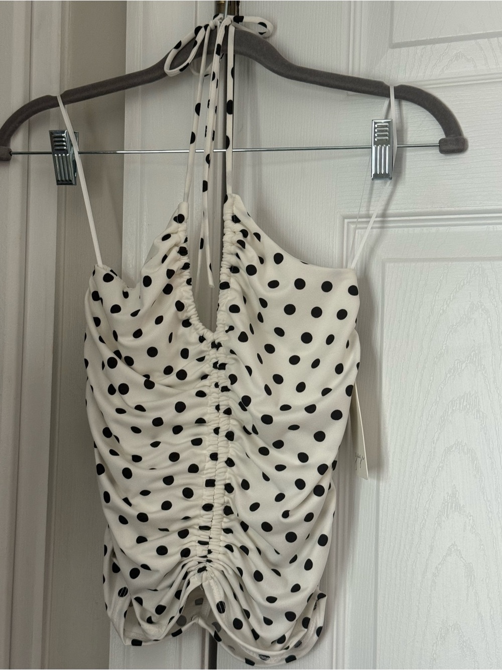 Gaze Black White Polka Dot Ruched Halter Top Adjustable Tie Straps